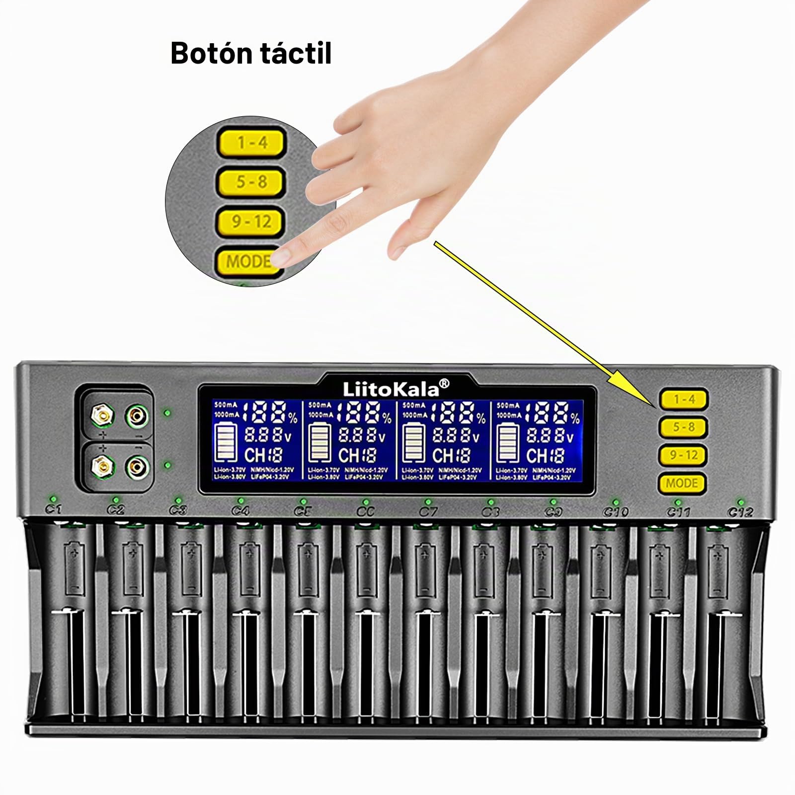LiitoKala Lii-S12 18650 12 bahías Pantalla LCD Cargador de batería Universal rápido e Inteligente, para Li-Ion(IMR/ICR) LiFePO4 Ni-MH/CD 18650 21700 26650 18350 14500 RCR123 9V Baterías AA AAA C