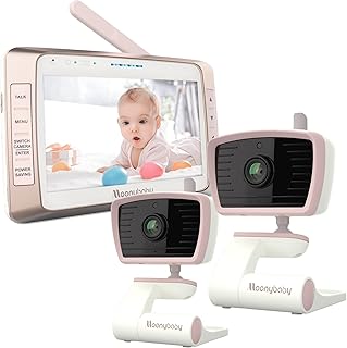Moonybaby 5" Long Range No WiFi Baby Monitor with 2 Cameras, 15 Hour Battery Life, Auto Night Vision, 2-Way Talk Back, Temperature Display, Lullabies, ECO/Voice Activation