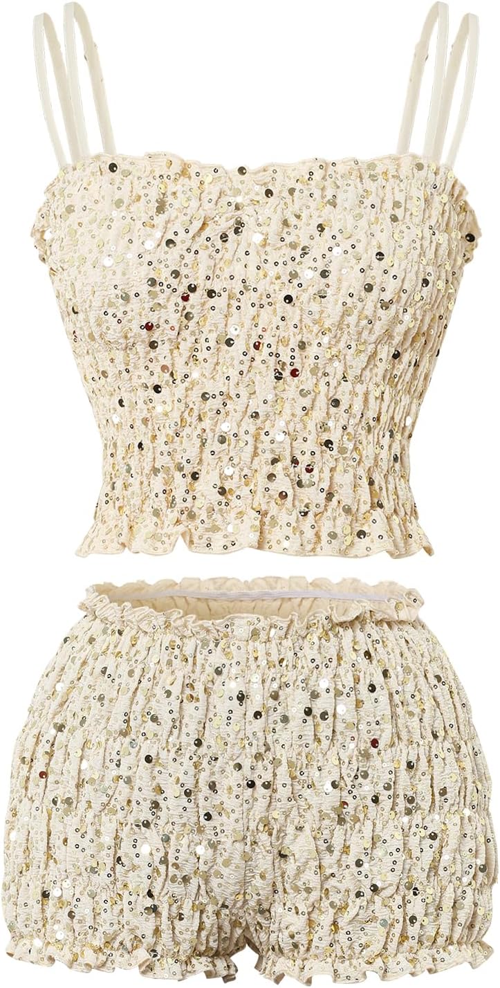 Women's Sequin Suspenders Tank Set Party Club Cocktail Casual Set