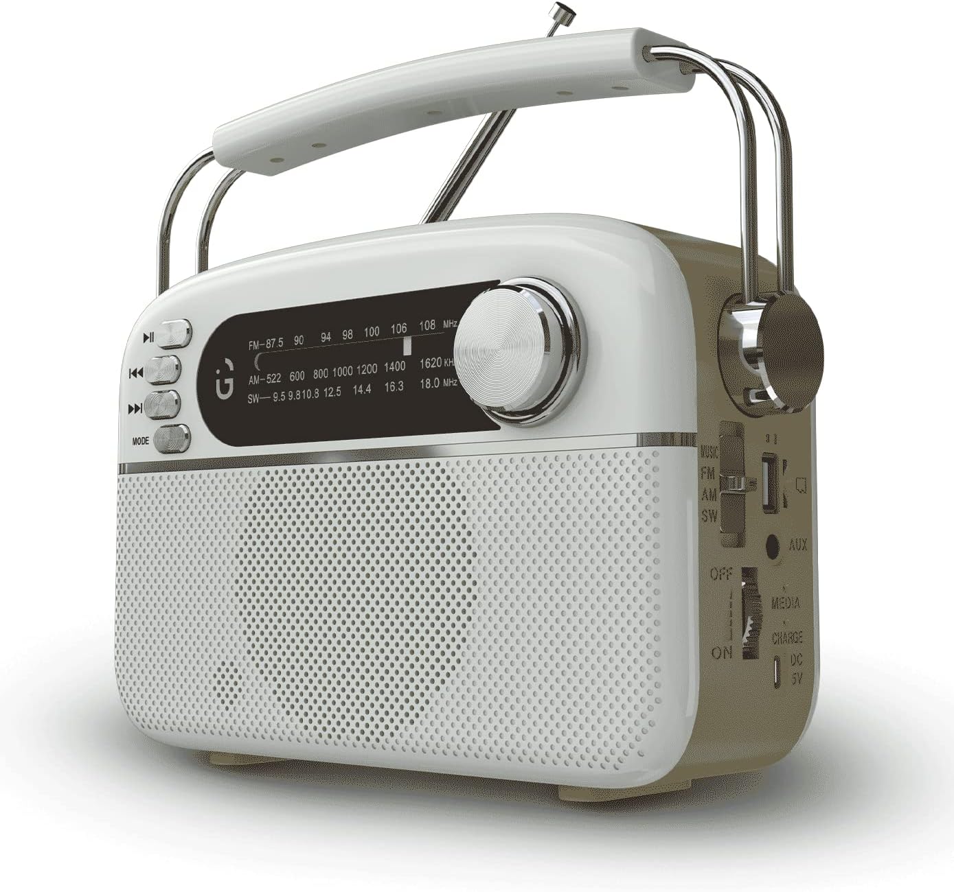 - iGear Evoke Retro Modern style Radio and MP3 player with FM/AM/SW, 3 bands, Bluetooth speaker, USB, TF/SD Card, 1200mAh rechargeable battery, Solar charger, Material ABS and Metal, Colour Pearl White and Champagne Gold, 1 Year Free replacement warranty.