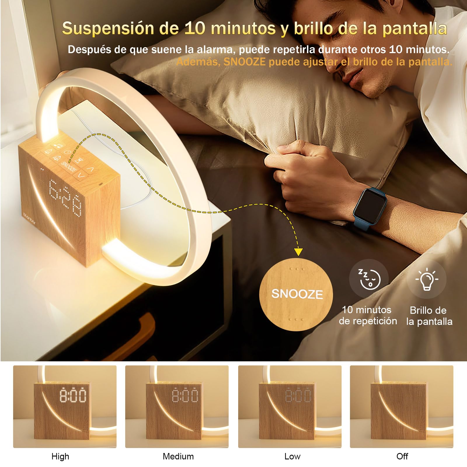 blonbar Despertador de Luz Natural de Cabecera 10W con Carga USB, Luz Nocturna Táctil de 3 Niveles de Brillo, Ayuda para el descanso de adultos y bebés