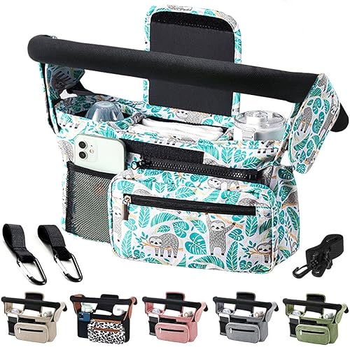 Miniatura 4 de Organizador de cochecito de bebé, organizador universal para cochecito con bolsa de teléfono desmontable, carrito de cochecito con 2 portavasos