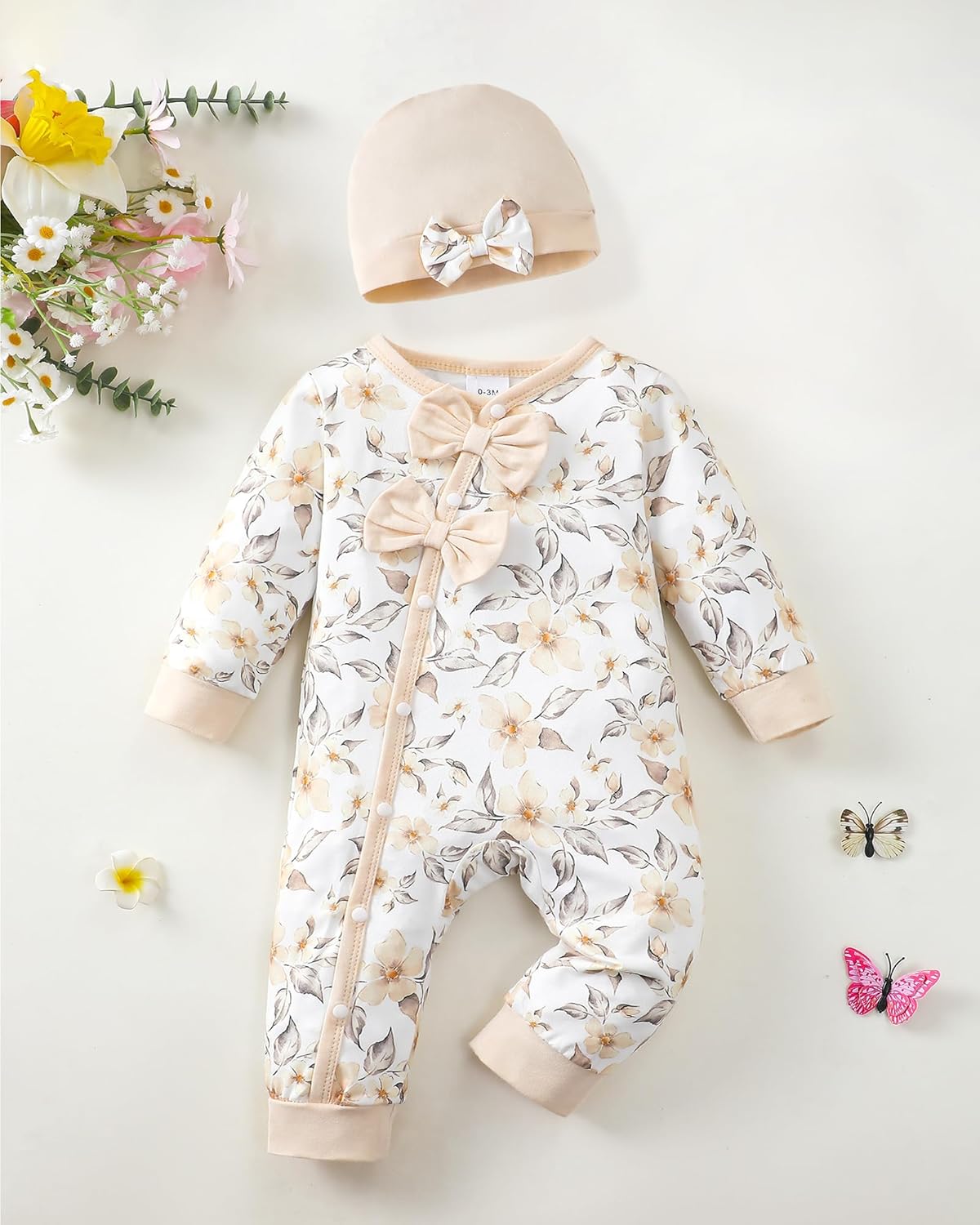 Mioglrie Newborn Baby Girl Clothes Long Sleeve Romper Infant Fall Winter Outfits Floral Hat Jumpsuit Preemie Girl Clothes - Image 3