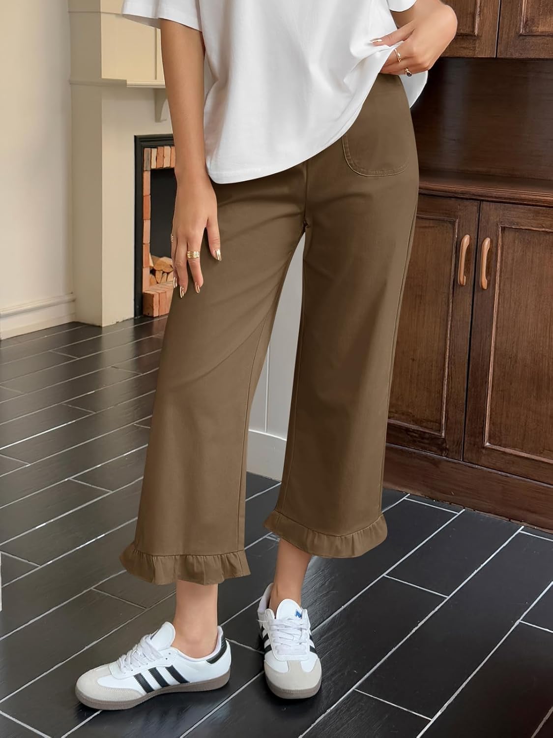 Cicy Bell Womens Wide Leg Capris Pants Casual High Waisted Ruffle Hem Zipper Loose Fit Trousers with Pockets - Image 3