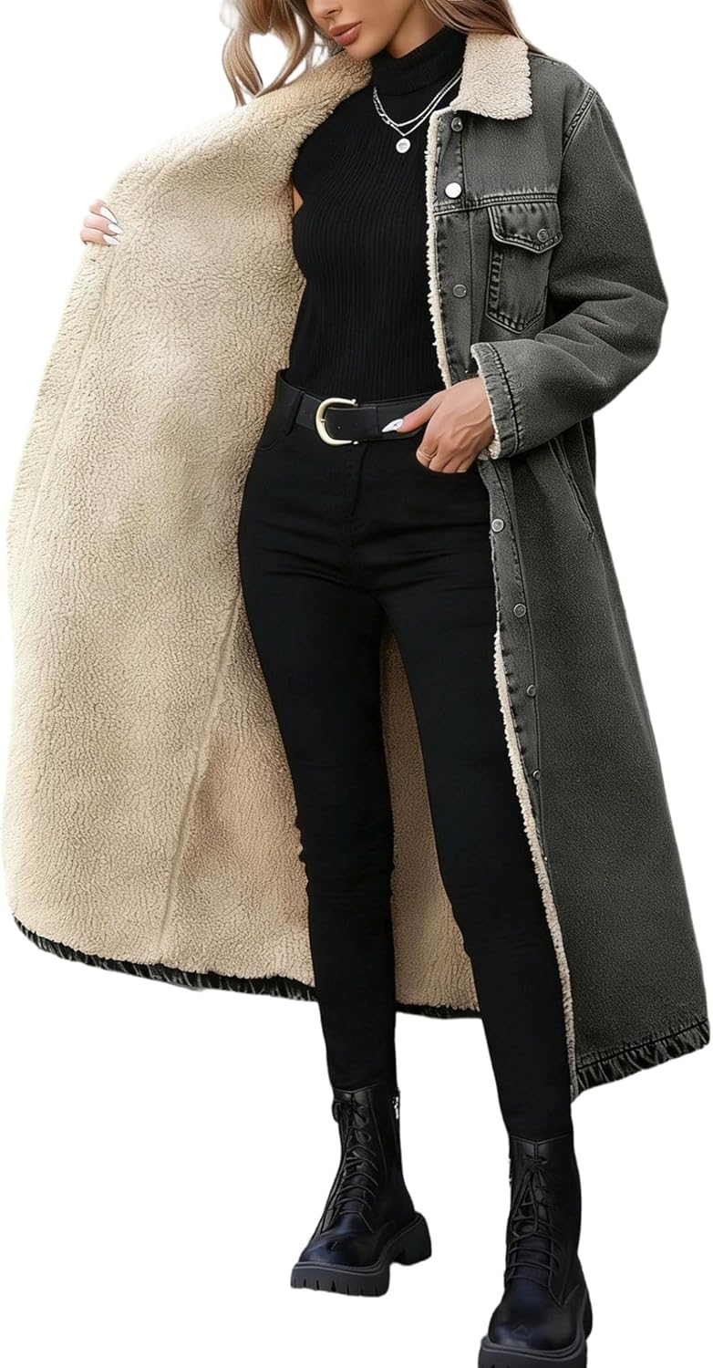 Womens Long Sherpa Lined Denim Jacket Winter Midi Jean Trench Coat Casual Distressed Outerwear