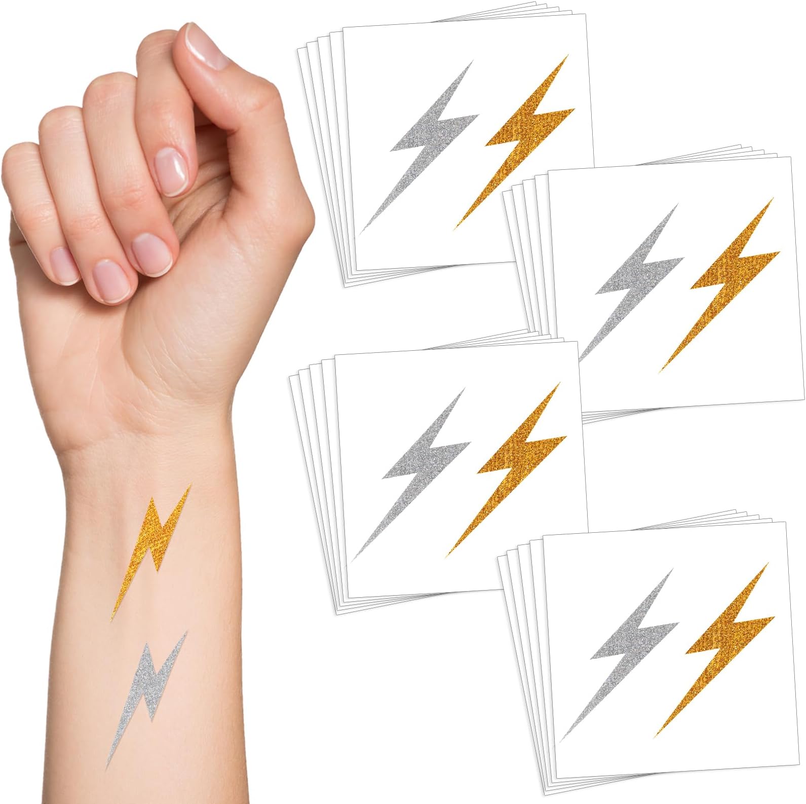 50 Sheets 100 Pcs Glitter Lightning Bolt Temporary Tattoos Metallic Gold and Silver Lightning Bolt Stickers 2 x 2 Inches Removable Apparel Accessories for Birthday Party(Classic Style)