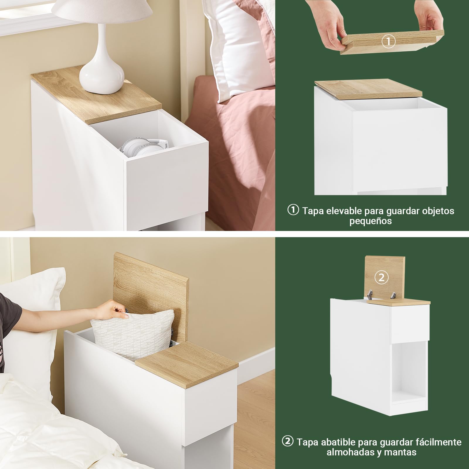 SoBuy Mesa Auxiliar Estrecha - Mesita de Noche con Estante de Almacenamiento y Cajones, Mesa de Noche Ahorra Espacio para Dormitorios Pequeños, 25 x 65 x 60 cm, Blanca y Natural - FBT162-WN