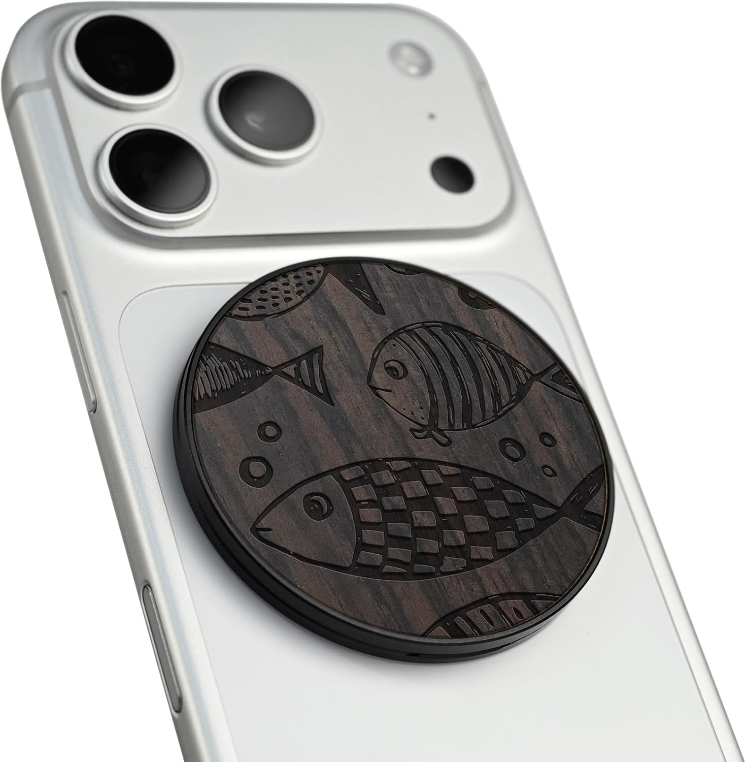 Carveit Wood Magnetic Phone Holder, (Whimsical Fish - Darkwood)