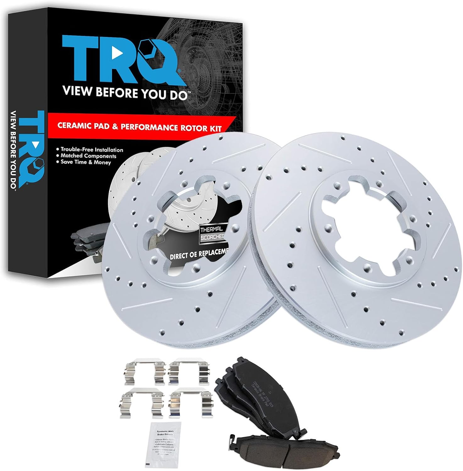 TRQ Front Brake Pad and Rotor Set Ceramic G Coated Drilled Slotted Vented Rotors Compatible with 2003-2004 Nissan Frontier 2000-2004 Xterra