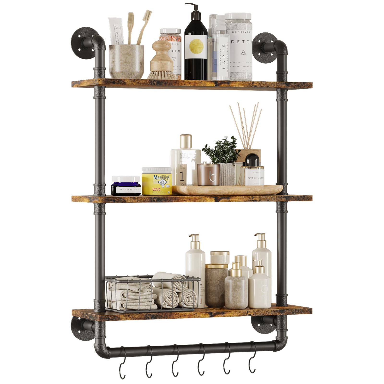 Huhote 3 Tier Industrial Pipe Shelf Rustic Wood Floating Shelves?Rustic