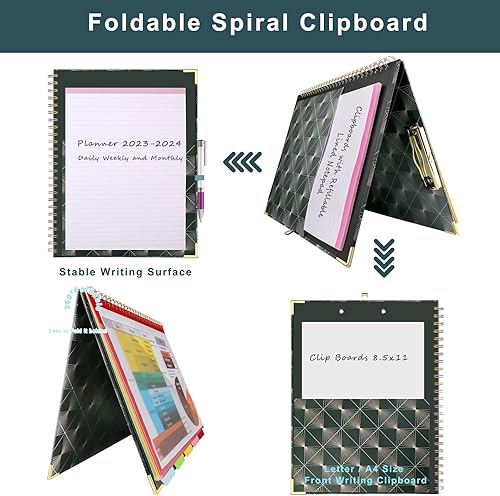 Miniatura 4 de Folio portapapeles con bloc de notas recargable, carpeta de portapapeles en espiral de tapa dura, 5 divisores, 10 bolsillos de almacenamiento,