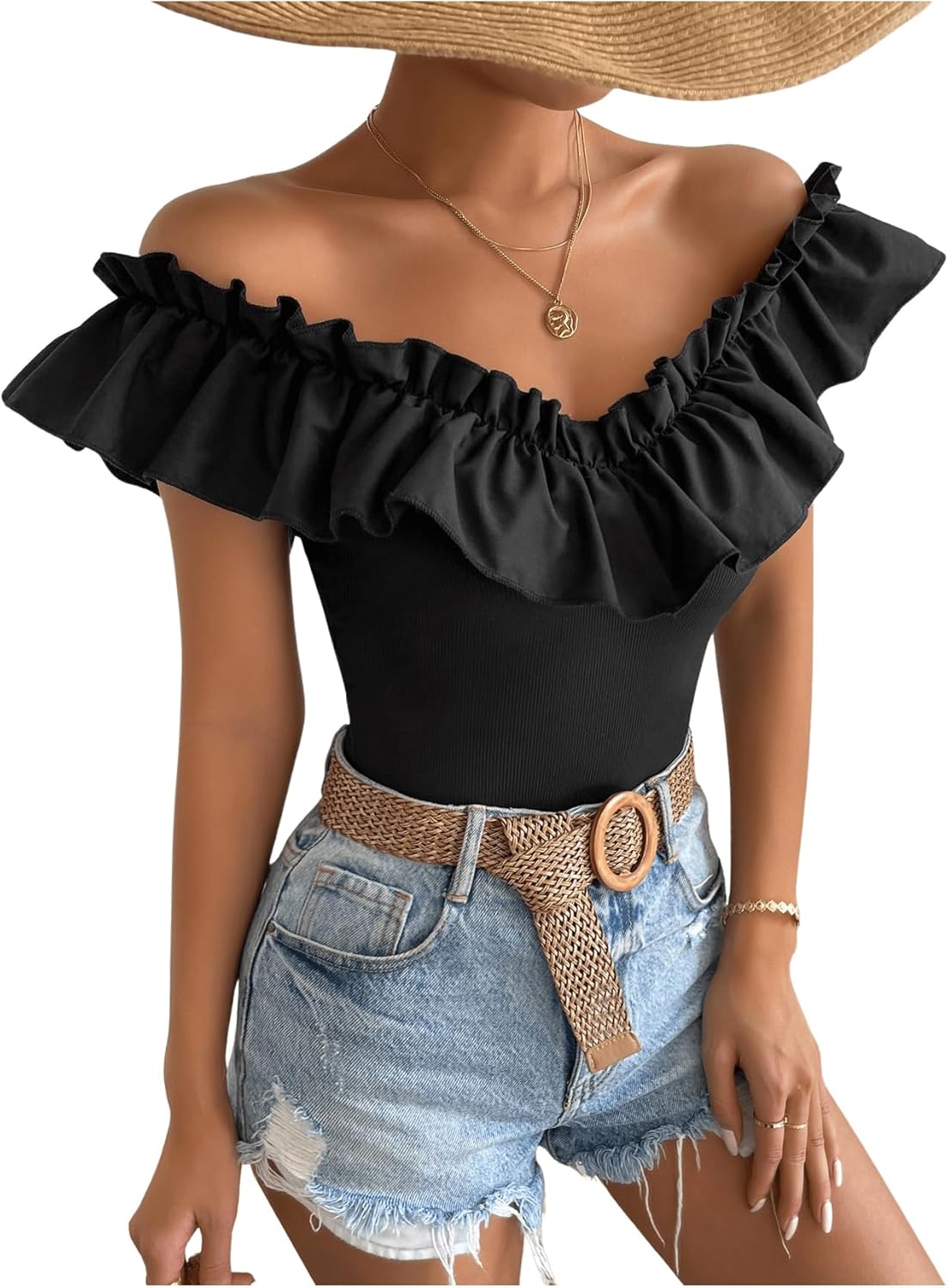 OYOANGLE Women's Flounce Sleeve Elegant Off Shoulder Ruffle Trim Crop Tee Casual T Shirt Top - Image 5