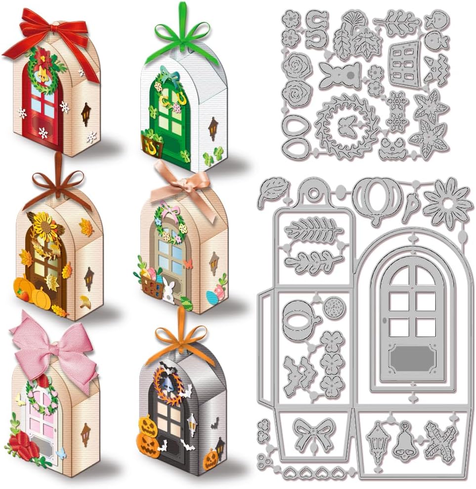 GLOBLELAND 3D Holiday Door Box Cutting Dies for Card Making Gift Box Frame Cut Die for Halloween Thanksgiving Day Christmas DIY Scrapbooking Journal Embossing Paper Craft Decor