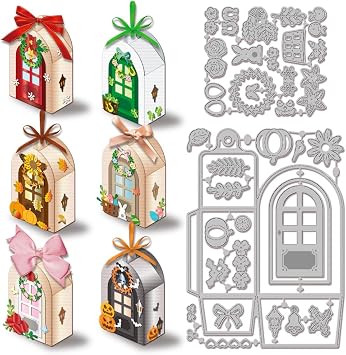 GLOBLELAND 3D Holiday Door Box Cutting Dies for Card Making Gift Box Frame Cut Die for Halloween Thanksgiving Day Christmas DIY Scrapbooking Journal Embossing Paper Craft Decor
