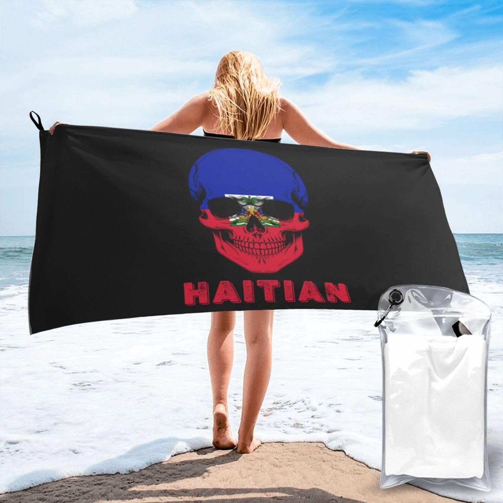 HACXZ Skull Haitian Flag Lightweight Absorbent Beach Towel Microfiber Beach Towel 31.5"X63"