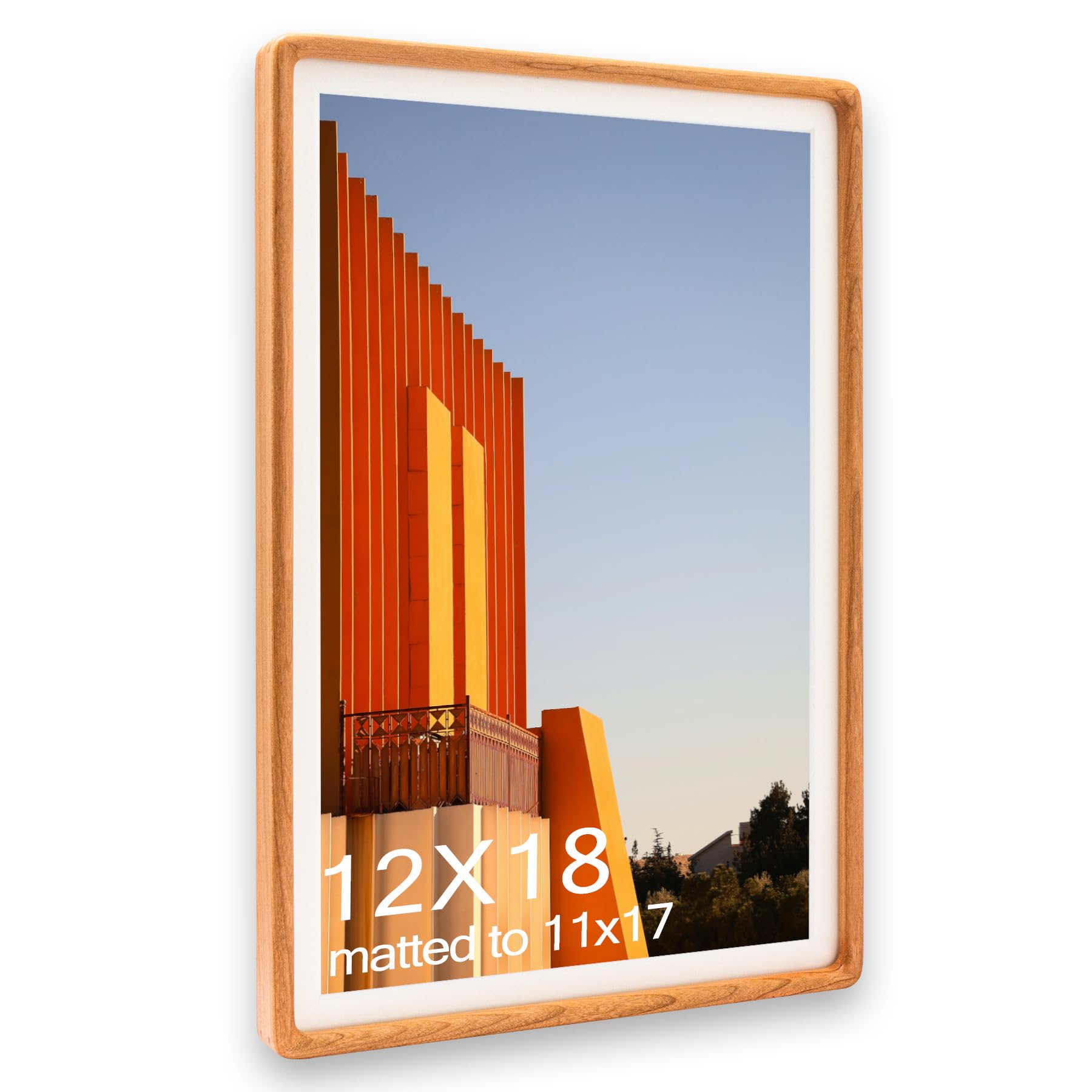 Husteria 12x18 Frame, Solid Cherry Wood Poster Frame with Mat for 11x17 or 12x18 without Mat, Rounded Corner Cherry Wooden Frame, Gallery Wall Frames