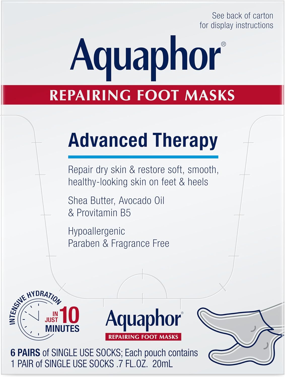 Aquaphor Repairing Foot Masks, Moisturizing Socks for Dry Feet, Hydrating Foot Care Treatment with Avocado Oil and Shea Butter, Pack of 6