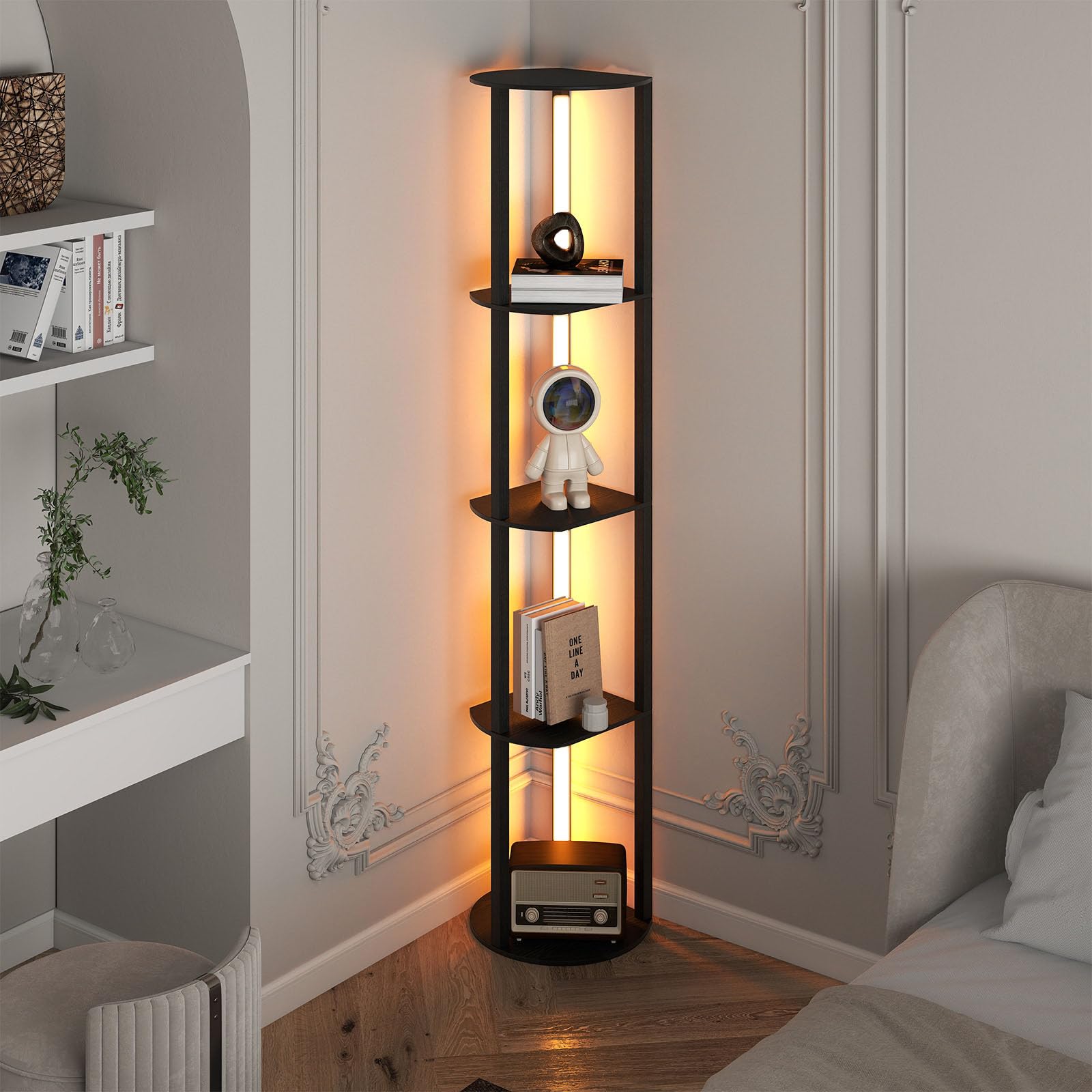 RELAX4LIFE Lampada da Terra con Scaffali a 4 Ripiani, Strisce LED Ruotabili, Luminosità Regolabile e Interruttore a Pedale, Lampada per Soggiorno, Ufficio e Camera (30 x 35 x 163 cm, Strisce LED)