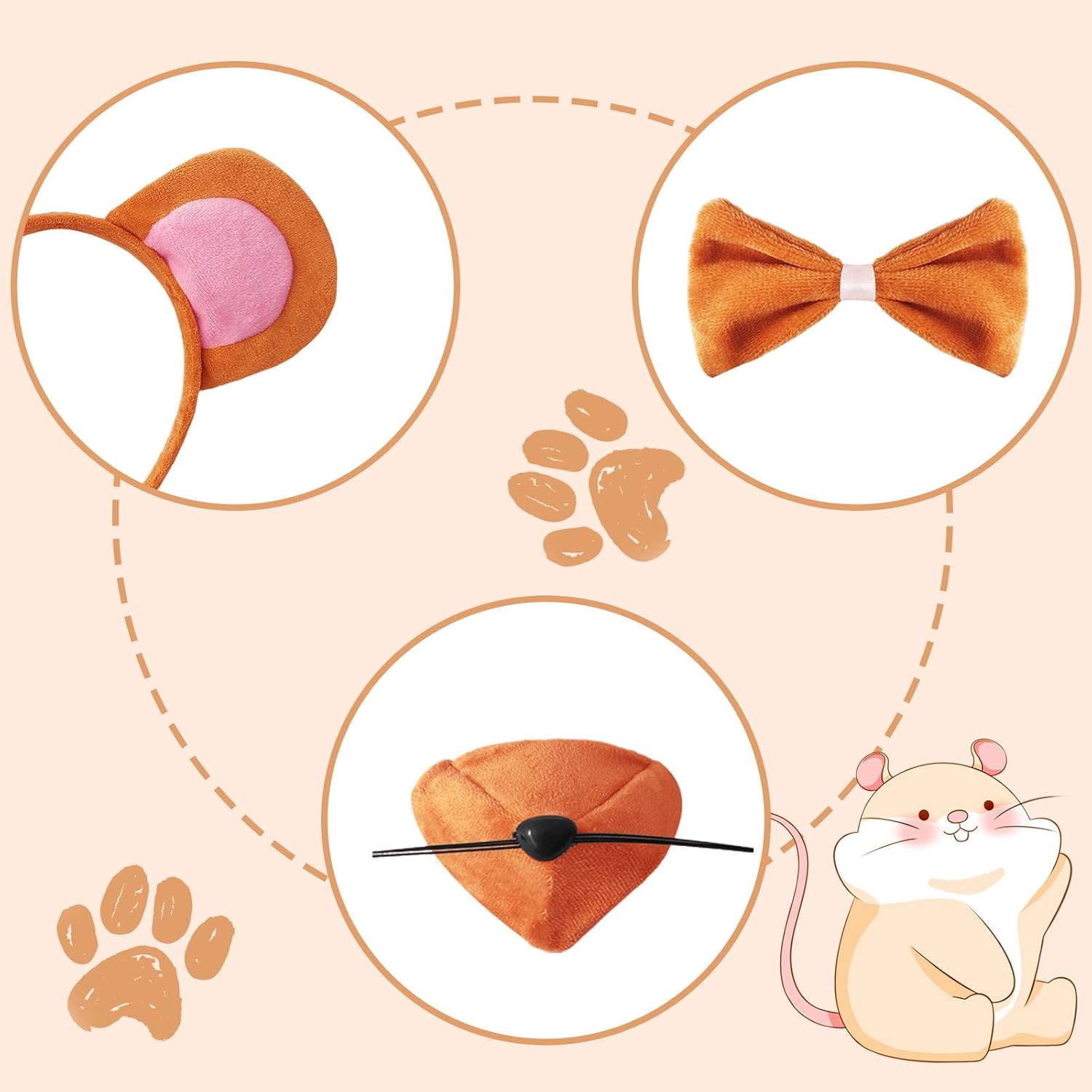 Mouse Costume Set,Mouse Costume Accessory Set,Mouse Ears,Headband,Nose,Tail,Bow Tie for Halloween Cosplay Party Costume Brown - Image 3