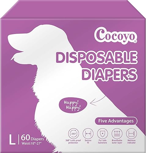 COCOYO Pañales desechables para perras, pañales para perras, pañales para cachorros, súper absorbentes, transpirables, indicador de humedad (L, 60)
