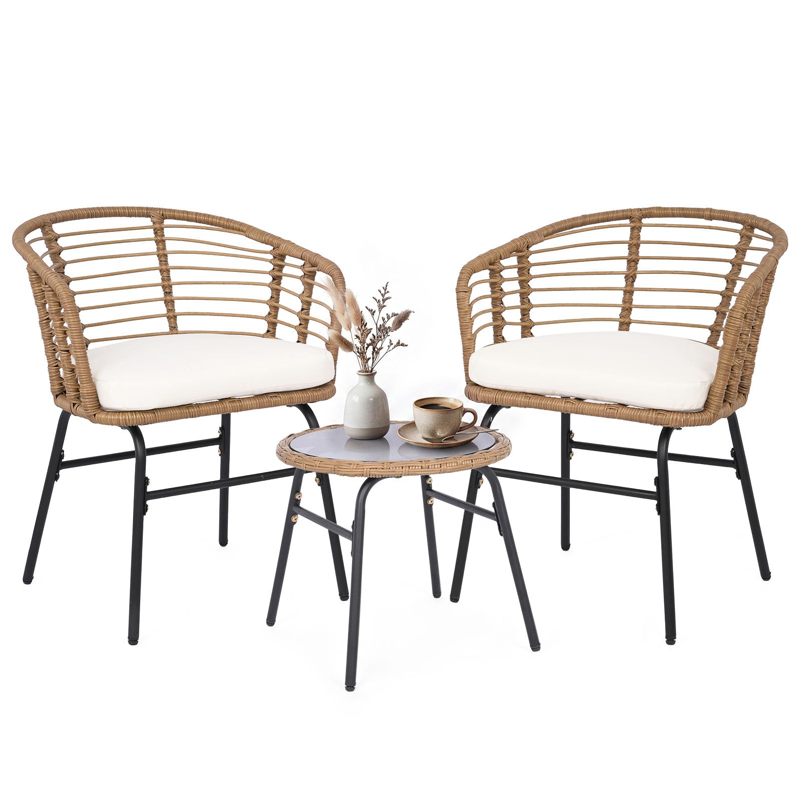COSTWAY Conjunto Jardín Exterior, Conjunto de Mesa y Sillas Exterior de Ratán PE con Cojines Suaves, Estructura de Metal y Tablero de Vidrio Templado, Muebles de Jardín para Patio, Terraza