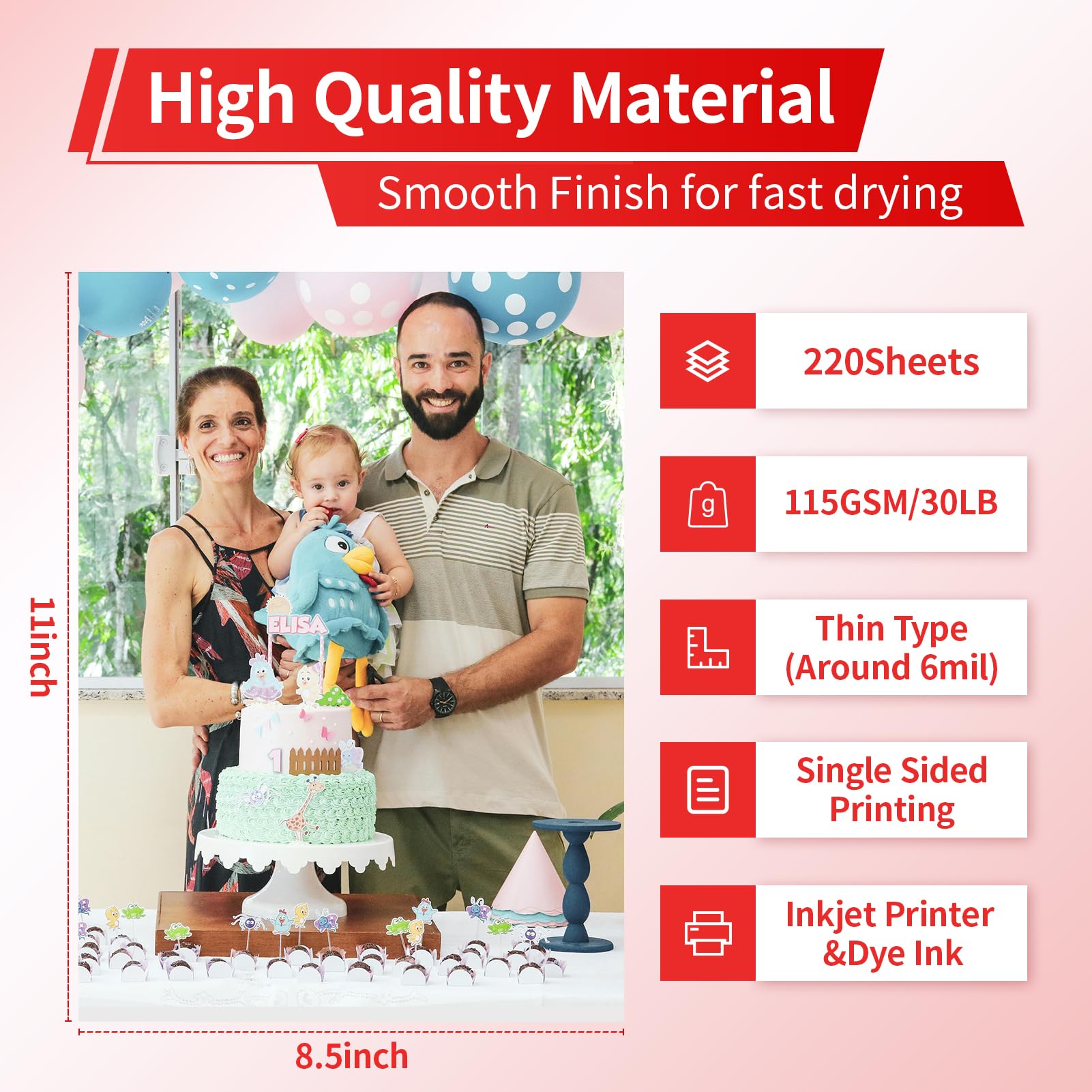Błyszczący cienki papier do drukarki atramentowej, 115 g/m², 13,6 kg, 220 arkuszy, 20 x 28 cm, do torby na chipy DIY i ulotki do drukowania, kompatybilna drukarka atramentowa i atrament barwnikowy