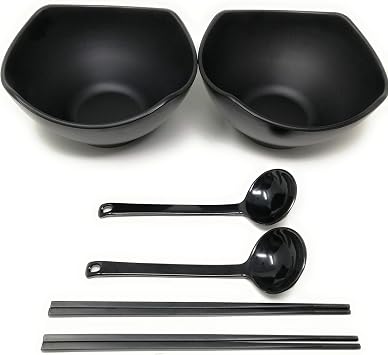 56 Ounce Large Melamine Japanese Ramen Noodle Soup Bowl Set Hard Plastic Dishware for Udon Soba Pho Asian Noodles - 8.27" x 4.72", with chopsticks and spoons 2 Sets