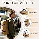 Large Canvas Travel Duffle Bag Heavy Duty, 3-in-1 Convertible Travel Bag with Backpack Straps for Gym, Sports, Travel, Camping(Khaki)
