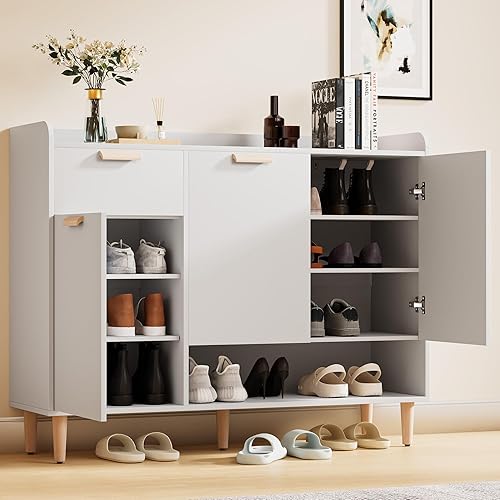 Miniatura 3 de Cozy Castle Armario de almacenamiento de zapatos con puertas y cajón, organizador de zapatos delgado con estantes ajustables, zapatero de madera