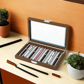 12-Slot Fountain Pen Display Box, Black Walnut Wood Pen Organizer with Clear Glass Window, Luxury Pen Storage Case for Fountain Pen Collection Pencil Holders