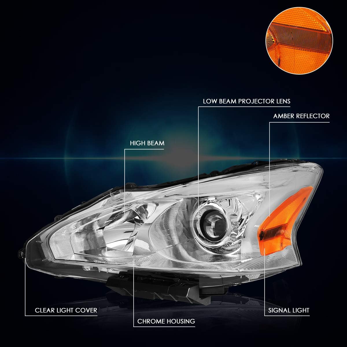 PM PERFORMOTOR Projector Headlight Assembly Compatible with Altima 13-15 | Headlamps with Chrome Housing Amber Corner