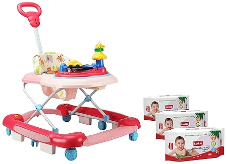 LuvLap Comfy Baby Walker & Rocker with Parental Push Handle Cushioned Walker for Baby 6-18months (Pink) & Mositurising Wipes, 72 Wipes/Pack, Pack of 3