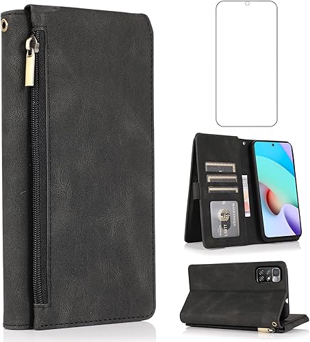 Asuwish Compatible con Xiaomi Redmi 10Redmi10 Prime - Funda tipo cartera de vidrio templado, protector de pantalla con cremallera, funda de cuero