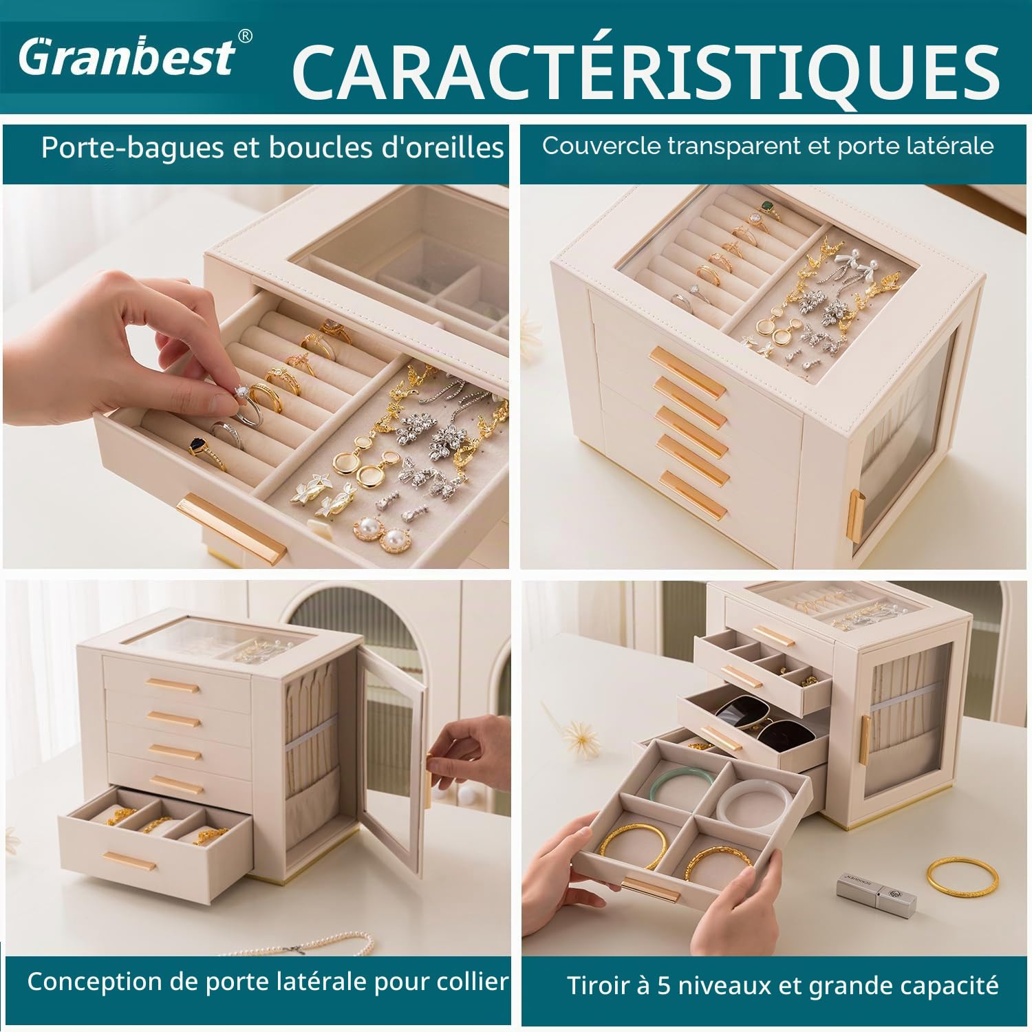 Granbest Boîte à bijoux à 5 niveaux avec couvercle en verre, organiseur de bijoux haute capacité avec tiroirs et miroir, boîte à bijoux en polyuréthane pour colliers, boucles d'oreilles, bagues