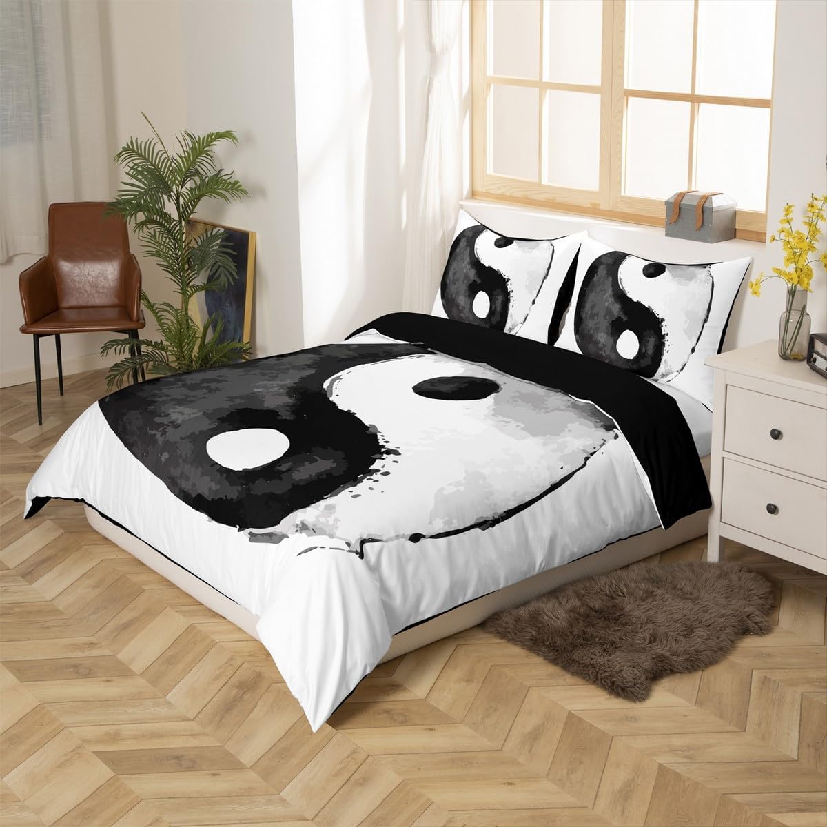 Erosebridal Yin Yang Bedding Set, Gossip Pattern Comforter Cover for Teens Adult Men Tai Chi Duvet Cover, Ink Printing Quilt Cover Room Decor 2 Pieces with 1 Pillowcase Twin Size, Black White
