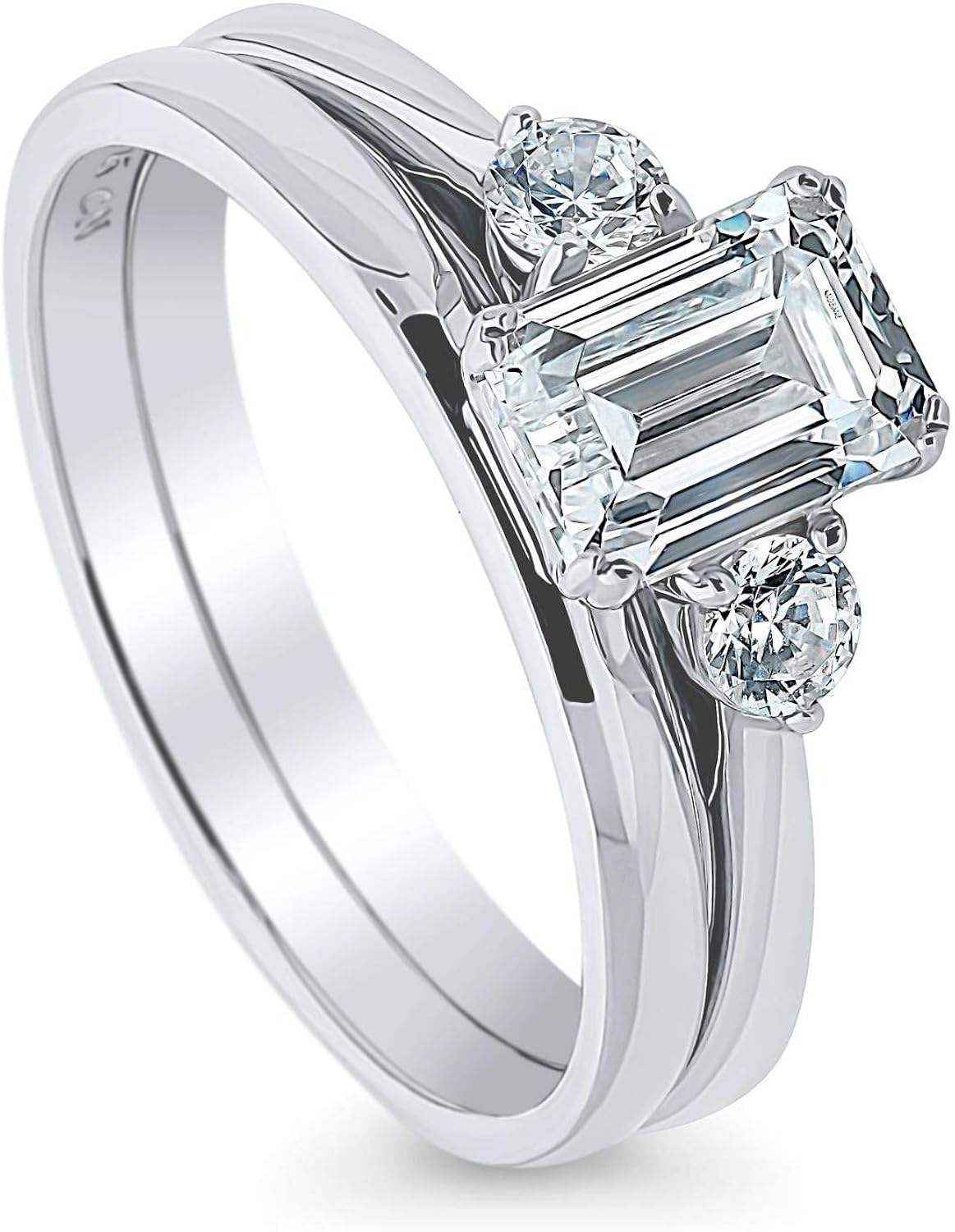 BERRICLE Rhodium Plated Sterling Silver Emerald Cut Cubic Zirconia CZ 3-Stone Anniversary Wedding Engagement Ring Set 1.2 CTW : Clothing, Shoes & Jewelry