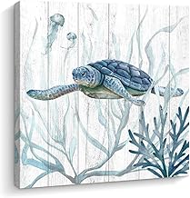 ARTINME Turtle Canvas Wall Art for Bathroom, Ocean Beach Coastal Theme Wall Decor, Animal Pictures for Wall Decoration,12X12 Inch A