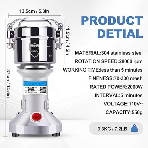 Miniatura 3 de Greatrue Molinillo de grano eléctrico, 19.40 oz de acero inoxidable para maíz seco, café, trigo, pimienta, semillas de alimentos, harina de frijol
