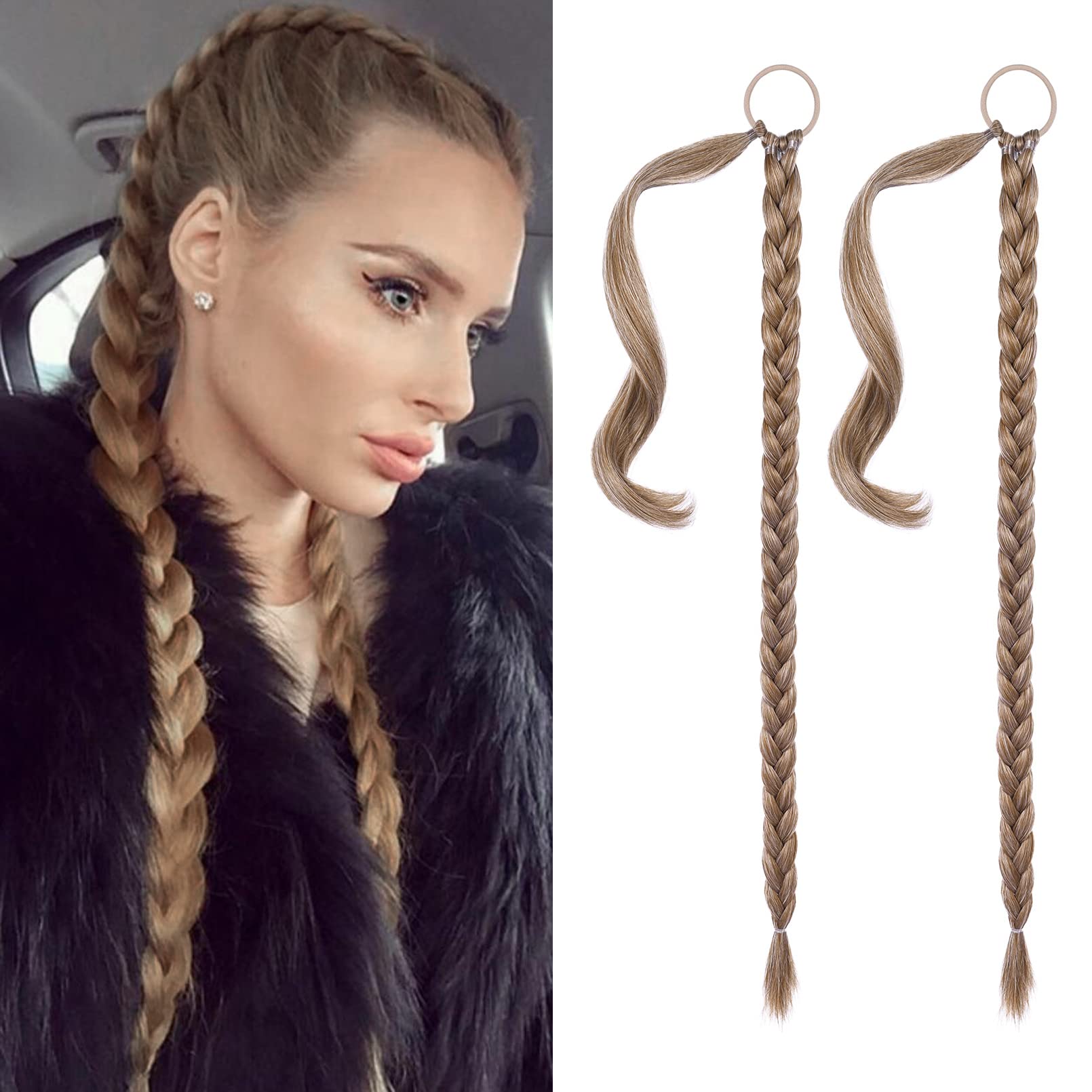 seikea 2pcs long braid ponytail extension with hair tie long straight wrap around hair extensions ponytail soft synthetic hair dark blonde 26 inch (after braided 23 inch)