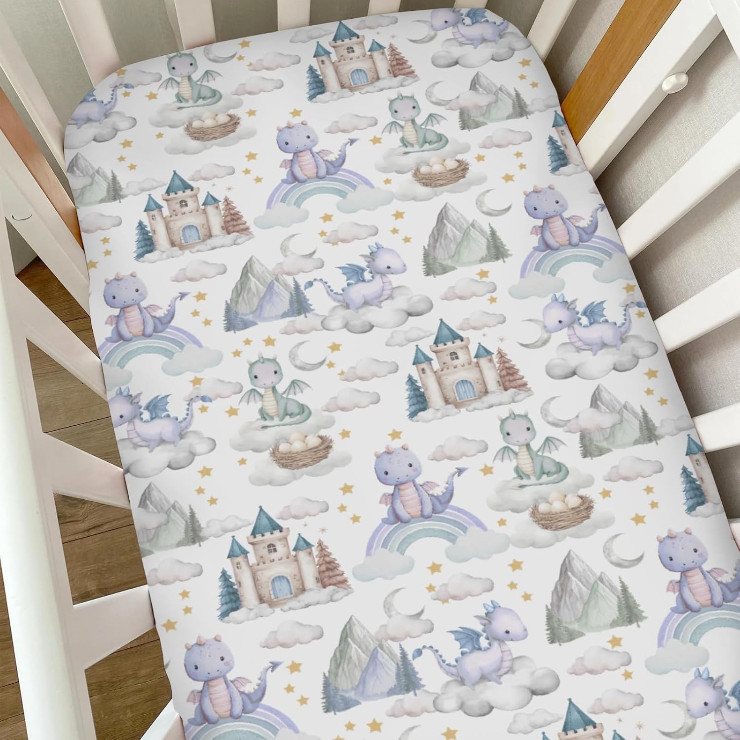 Purple Baby Dragons Crib Sheets for Boy Girl Fairytale Dragon Castle Trees Moon Rainbow Soft Stretchy Fitted Crib Mattress Cover for 52''x28'' Standard Crib & Toddler Mattress Fantasy Animal Bed Sheet