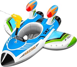 Pool Float Kids Inflatable Airplane Pool Floats Boat with Squirt Gun and Handle Toddler Pool Floaties Inflatable Ride-on P...