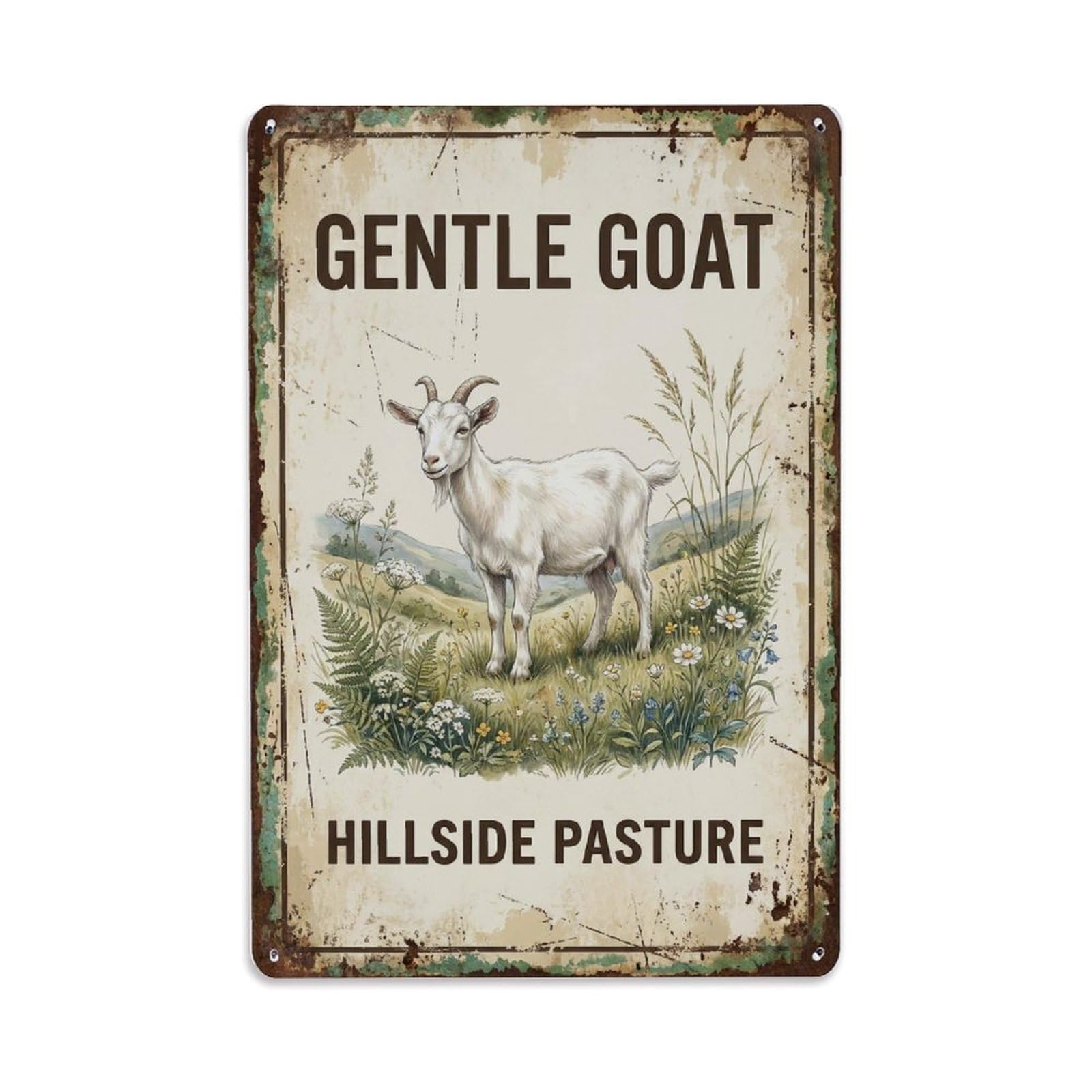 Gentle Goat Hillside Pasture Grazing Metal Tin Sign Plaque Wall Decor for Cafe, Club Bar, Office, Home Garden Metal Poster 8x12Inch