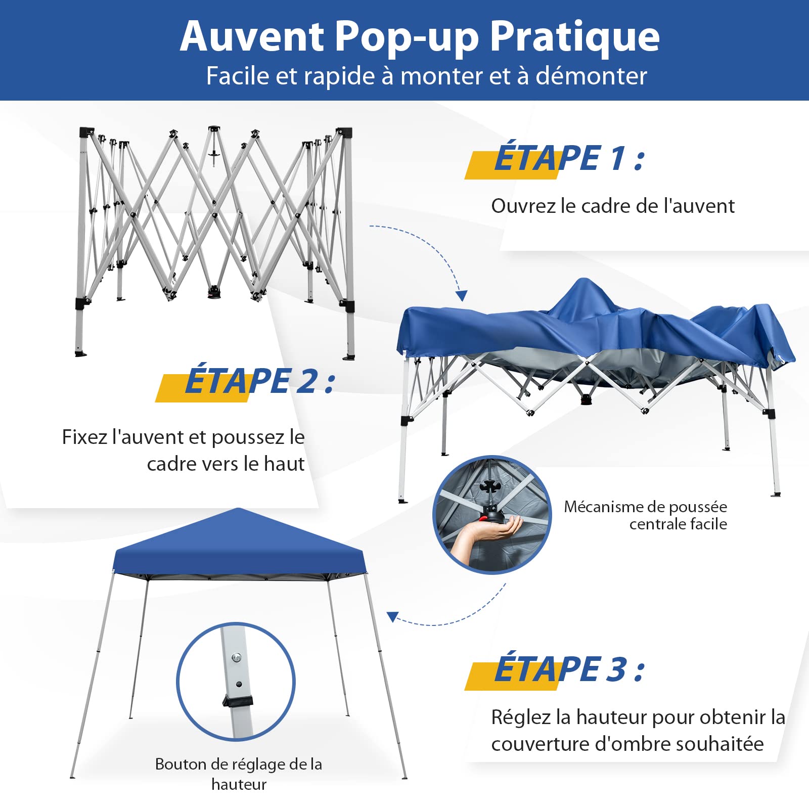 Tonnelle De Jardin Pliante 3x3 M GOPLUS - Imperméable, Hauteur Réglable, Avec Sac à Roulettes - Blanc