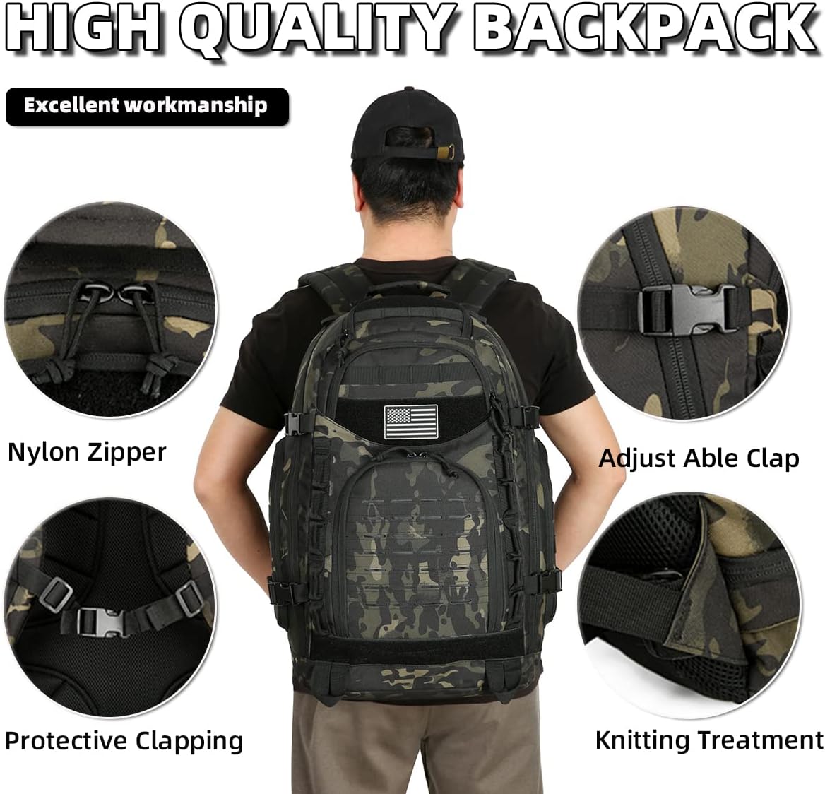 25L/45L Tactical Backpack Military Tactical Backpack Heavy Duty Molle Assault Pack for Work Gym Outdoors (2.0 45L-black camo, Large)