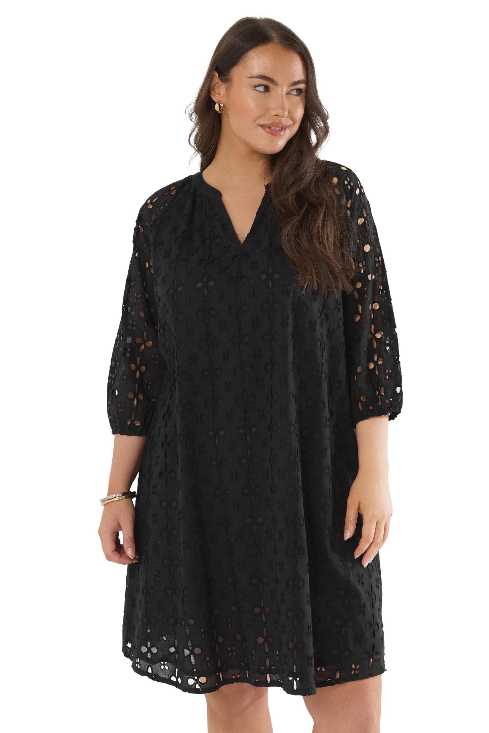 Evans Black Broderie Swing Dress Midi Long Sleeve Cotton Size 22-24