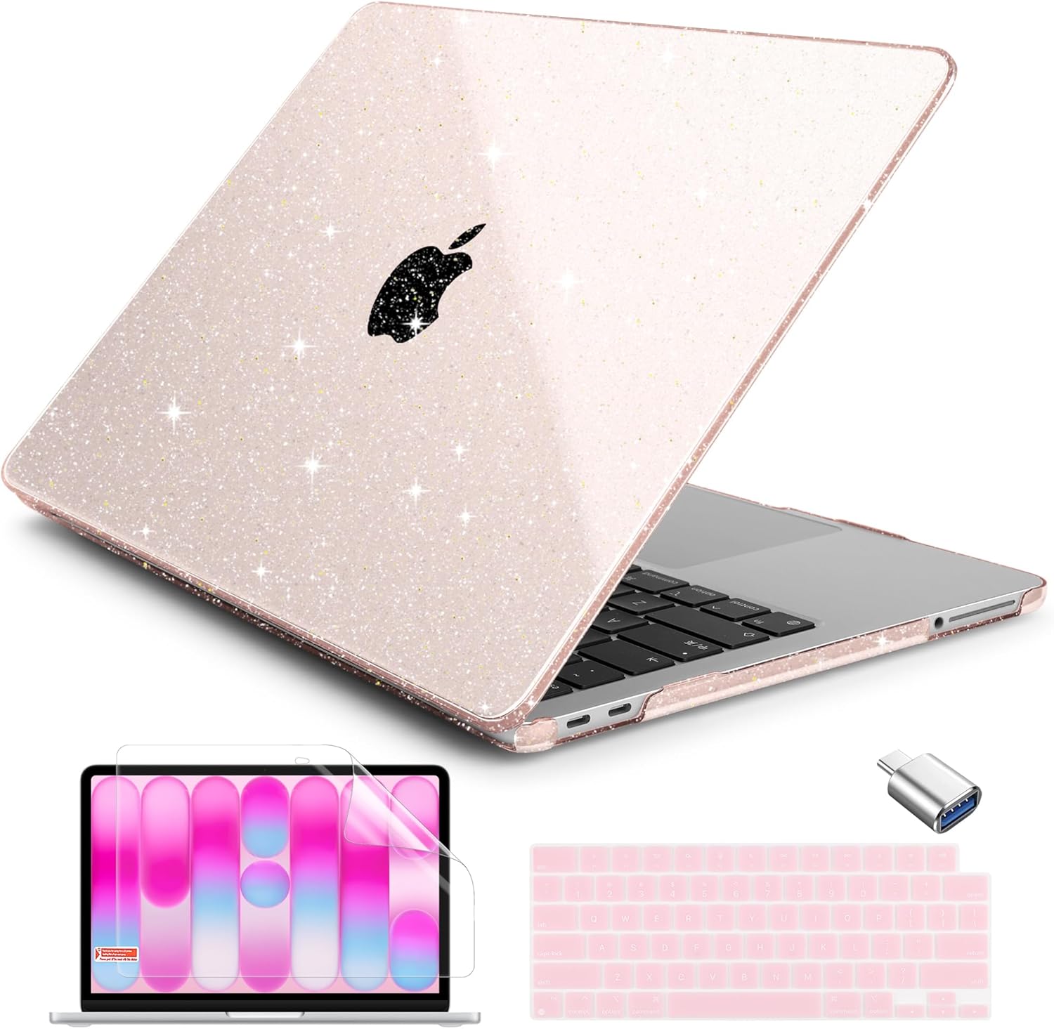 Batianda 4-in-1 Bling Glitter Case for New MacBook Neo 13 inch 2026 Release Model A3404, Slim Sparkle Clear Hard Shell Cover, Keyboard Skin, Screen Protector & USB-C Adapter, Glitter‌ Starlight