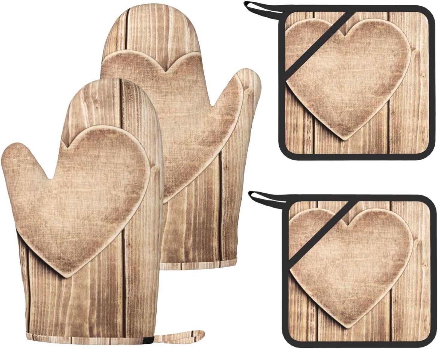 Wood Heart Oven Mitts and Pot Holders Set of 4 Heat Resistant Kitchen Gloves with Silicone Palm Hot Pads for Baking Cooking Grilling BBQ