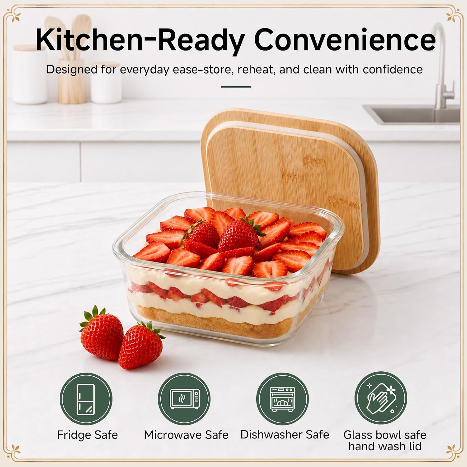 7 Inch Square Glass Trifle Bowl with Bamboo Lid, Serving Bowl