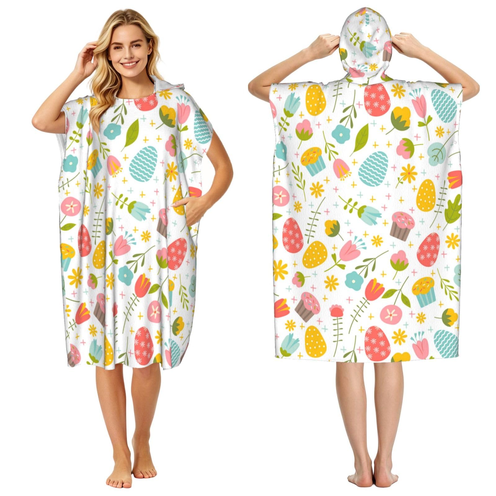 Poadnly Easter Spring With Flowers And Eggs, Adult Hooded Beach Towel 90 x 110 cm,Changing Bath Robe, Surf Poncho Towel For Women Men