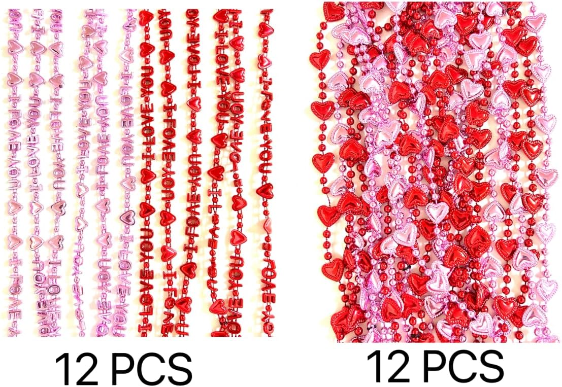 60 Pcs Valentines Day Heart Shaped Bead Necklace Bulk Bachelorette Pink Red Party Beads